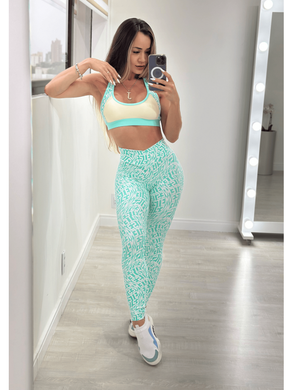 Conjunto Legging Jaspe Logomania Off White e Verde